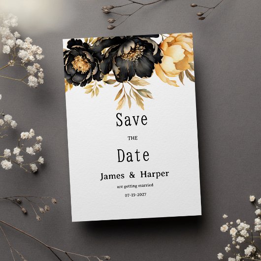 Luxury black ivory gold peony floral Save the Date Kaart