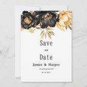 Luxury black ivory gold peony floral Save the Date Kaart (Voorkant)