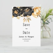 Luxury black ivory gold peony floral Save the Date Kaart (Staand voorkant)