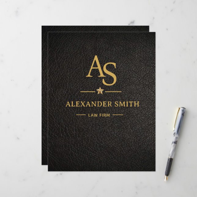 Luxury Black Leather Gold Monogram Business Brand Briefhoofd (Voorkant / Achterkant in situ)