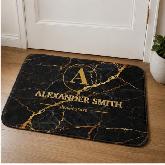 Luxury Black Marble Gold Monogram Business Brand Badmat