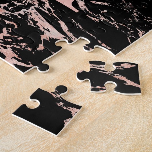 Luxury Black Marble Roos Gold Foil Monogram Legpuzzel (Zijkant)