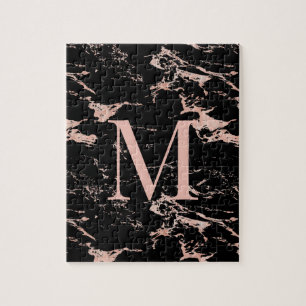 Luxury Black Marble Roos Gold Foil Monogram Legpuzzel