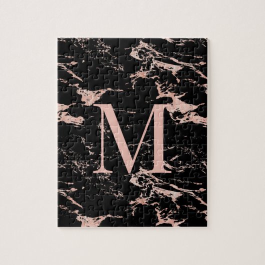 Luxury Black Marble Roos Gold Foil Monogram Legpuzzel (Verticaal)
