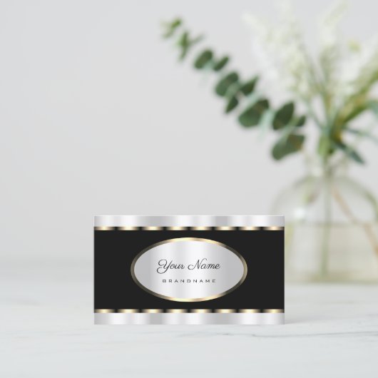Luxury Black met Silver Effect en Gold Border Visitekaartje (Staand voorkant)