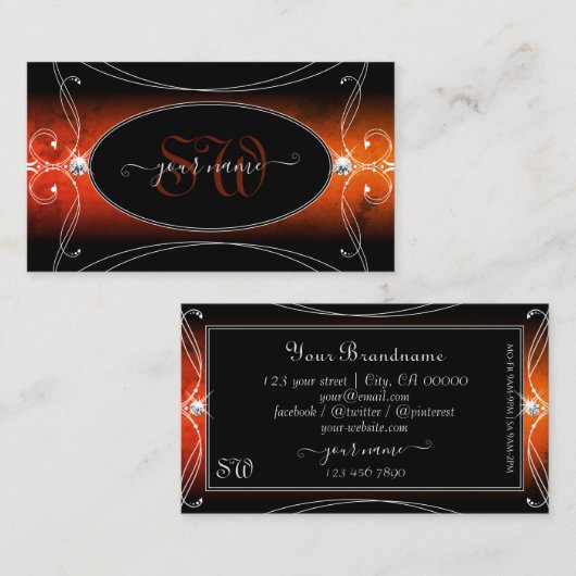 Luxury Black Oranje  Sparkle Jewels Monogram Visitekaartje (Voorkant / Achterkant)
