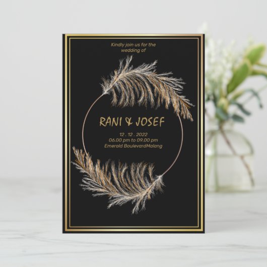 Luxury BLACK-Pampas Grass Boho Wedding Invitation  Kaart (Staand voorkant)