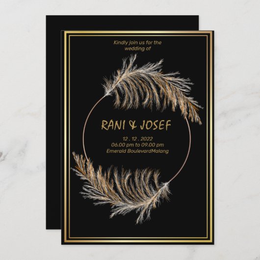 Luxury BLACK-Pampas Grass Boho Wedding Invitation  Kaart (Voorkant / Achterkant)