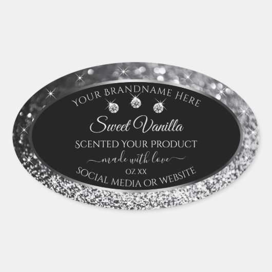Luxury Black Silver Glitter Diamonds Productlabel Ovale Sticker (Voorkant)