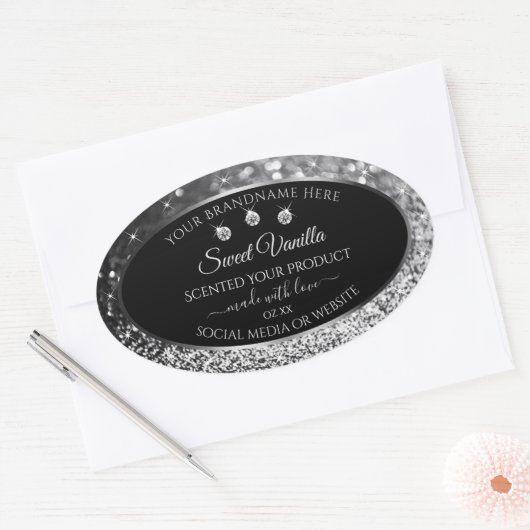 Luxury Black Silver Glitter Diamonds Productlabel Ovale Sticker (Envelop)