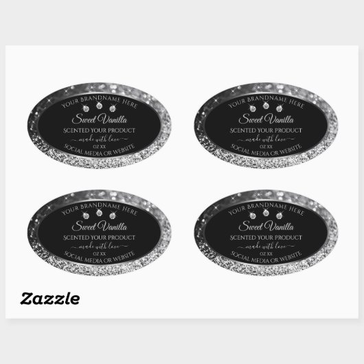 Luxury Black Silver Glitter Diamonds Productlabel Ovale Sticker (Vel)