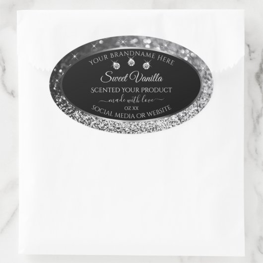 Luxury Black Silver Glitter Diamonds Productlabel Ovale Sticker (Tas)