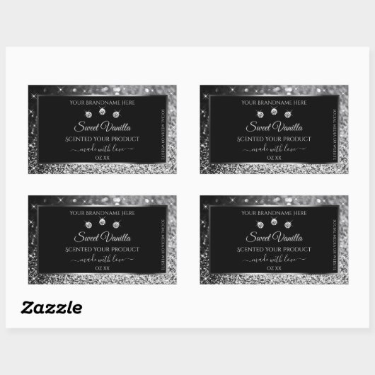 Luxury Black Silver Glitter Diamonds Productlabel Rechthoekige Sticker (Vel)