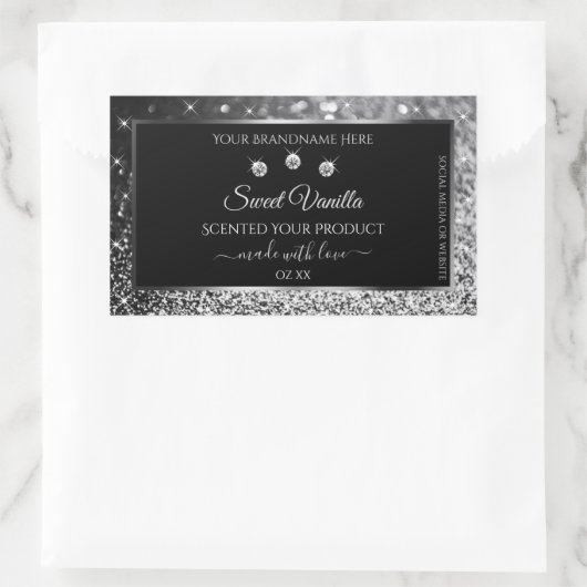 Luxury Black Silver Glitter Diamonds Productlabel Rechthoekige Sticker (Tas)