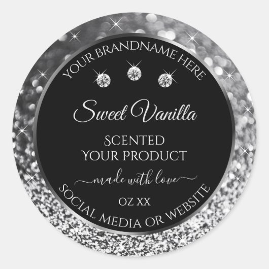 Luxury Black Silver Glitter Diamonds Productlabel Ronde Sticker (Voorkant)