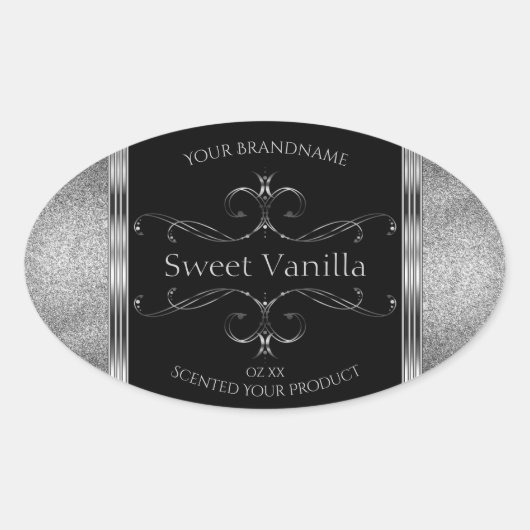 Luxury Black Silver Glitter productlabels Ovale Sticker (Voorkant)