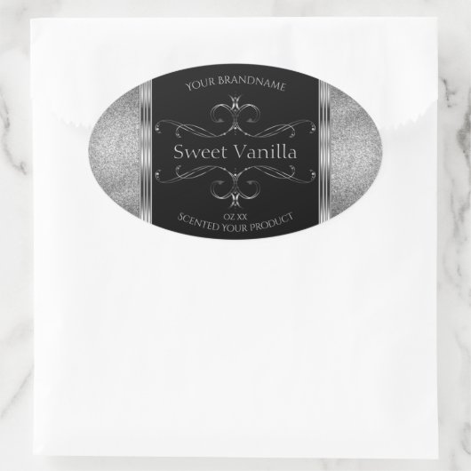 Luxury Black Silver Glitter  productlabels Ovale Sticker (Tas)