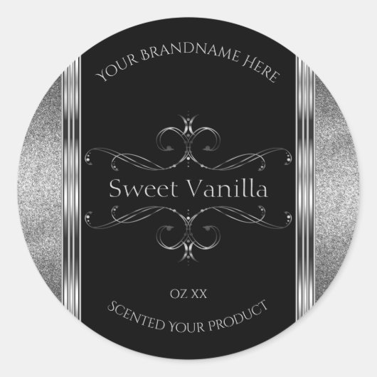 Luxury Black Silver Glitter productlabels Ronde Sticker (Voorkant)