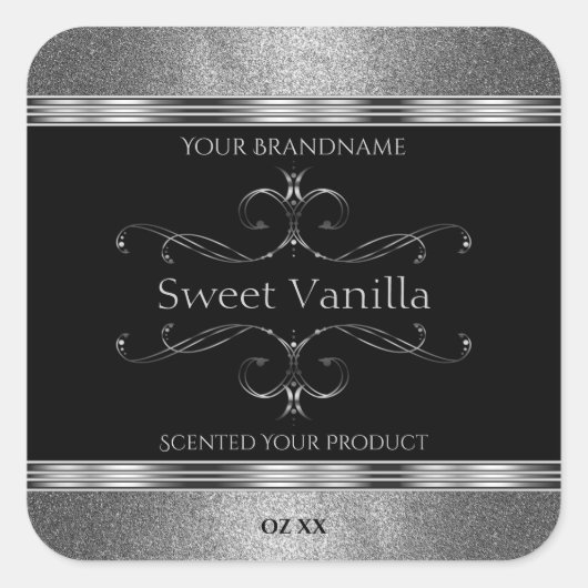 Luxury Black Silver Glitter productlabels Vierkante Sticker (Voorkant)