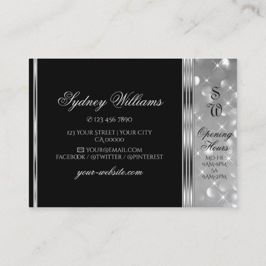 Luxury Black Silver Glitter Sparkle Stars Monogram Visitekaartje (Achterkant)