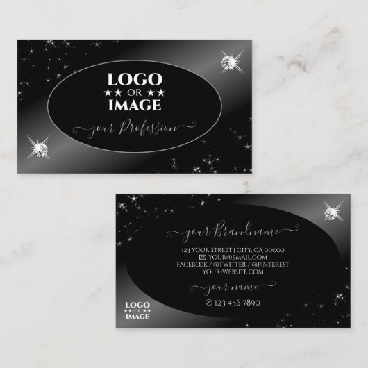 Luxury Black Silver Glitter Stars Jewelen met Logo Visitekaartje (Voorkant / Achterkant)