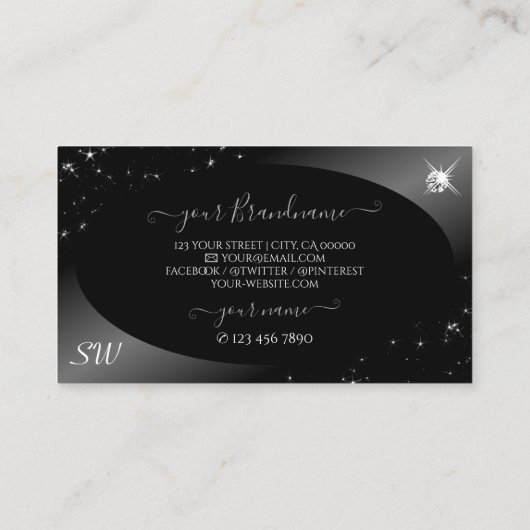 Luxury Black Silver Glitter Stars Jewels Initialen Visitekaartje (Achterkant)
