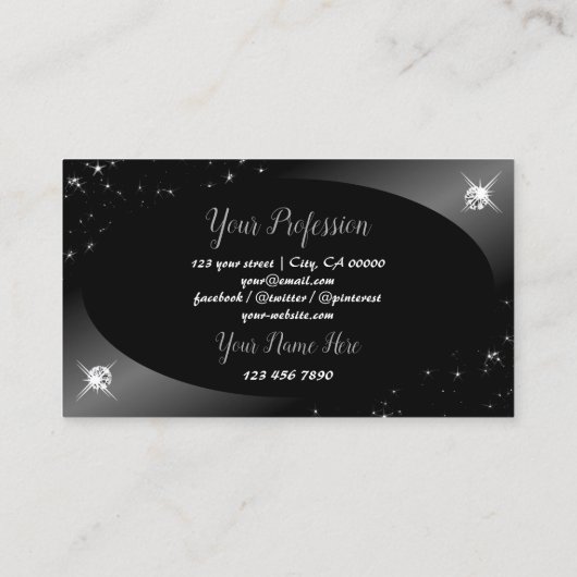 Luxury Black Silver Glitter Stars Jewels Stijlvol Visitekaartje (Achterkant)