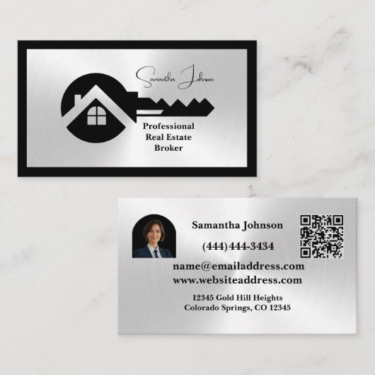 Luxury Black & Silver QR Code Photo Real Estate  Visitekaartje (Voorkant / Achterkant)
