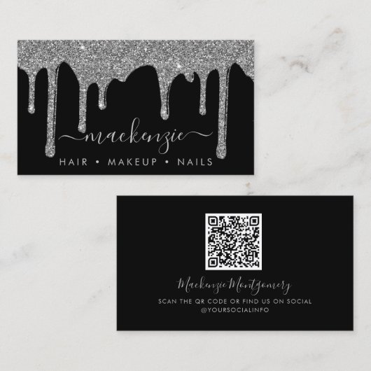Luxury Black Silver Sparkle Glitter Drift QR-code Visitekaartje (Voorkant / Achterkant)