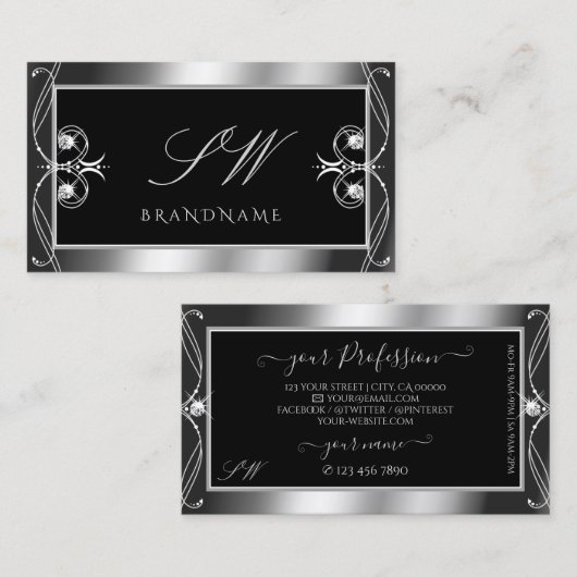 Luxury  Black Silver Sparkle Jewels Monogram Visitekaartje (Voorkant / Achterkant)