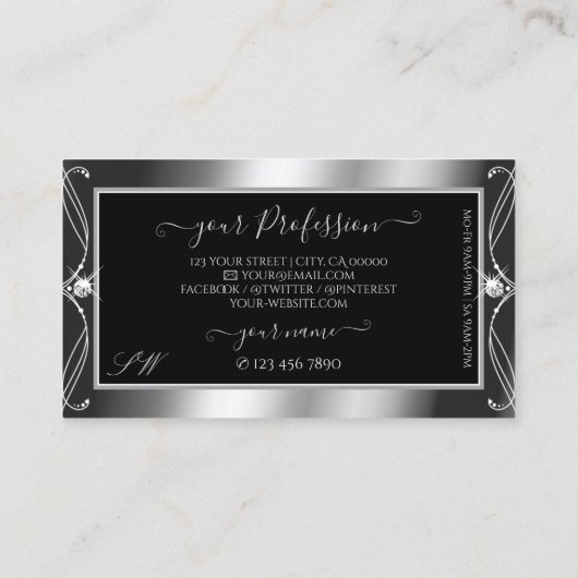 Luxury  Black Silver Sparkle Jewels Monogram Visitekaartje (Achterkant)