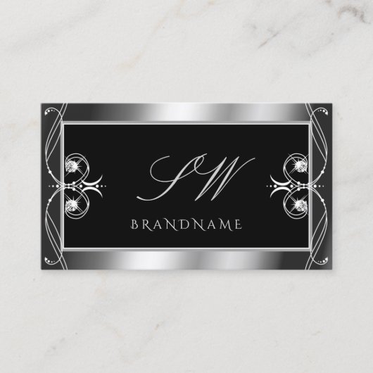 Luxury  Black Silver Sparkle Jewels Monogram Visitekaartje (Voorkant)