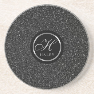 Luxury Black Sparkles Glitter Monogrammed Initiaal Zandsteen Onderzetter
