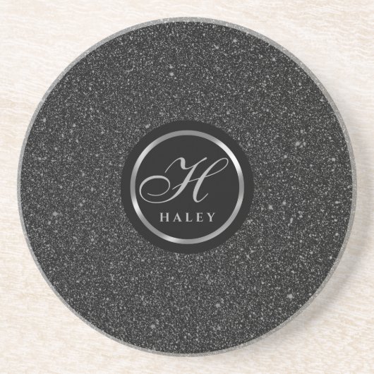 Luxury Black Sparkles Glitter Monogrammed Initiaal Zandsteen Onderzetter (Voorkant)