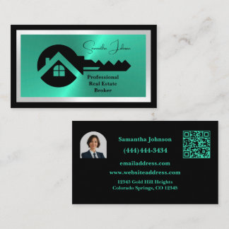 Luxury Black & Turquoise QR Code Photo Real Estate Visitekaartje