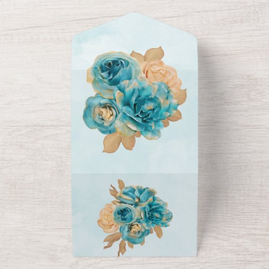 Luxury Blauwgroen en Creamy Gold Rozen Wedding All In One Uitnodiging (Buitenkant)