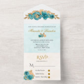 Luxury Blauwgroen en Creamy Gold Rozen Wedding All In One Uitnodiging (Binnen)
