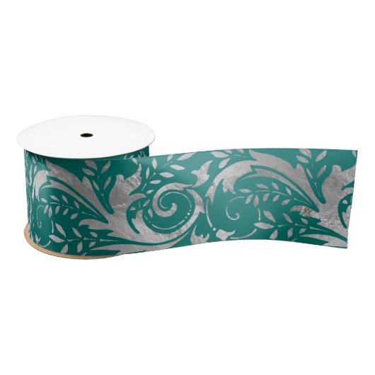 Luxury Blauwgroen Silver Foil  Floral Pattern Satijnen Lint (Spoel)