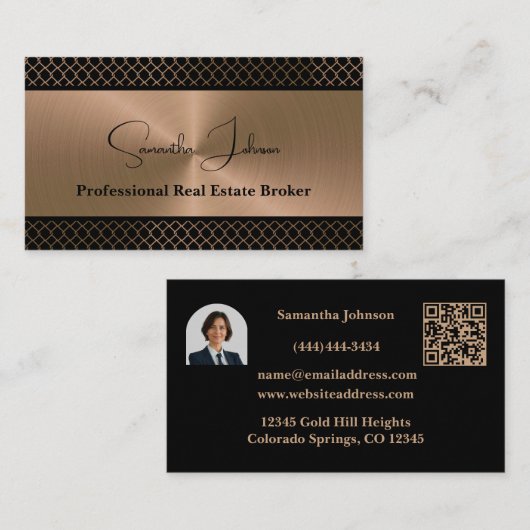 Luxury Blk Copper QR Code Real Estate Visitekaartje (Voorkant / Achterkant)
