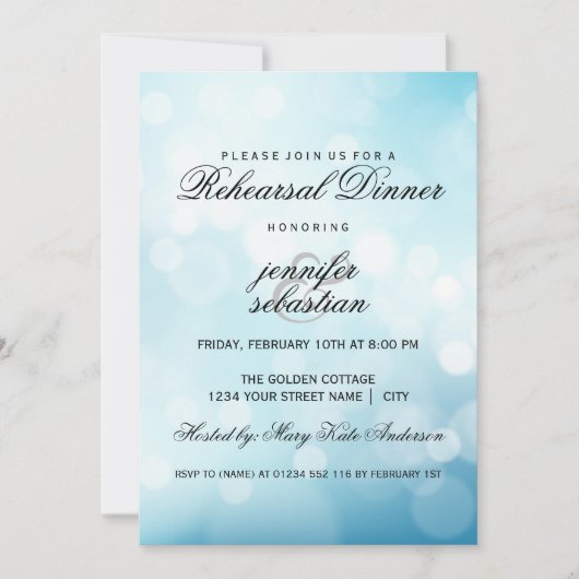 Luxury Blue Bokeh Light Chic Rehearsal Dinner Kaart (Voorkant)