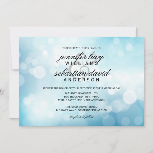 Luxury Blue Bokeh Light Chic Wedding Kaart (Voorkant)