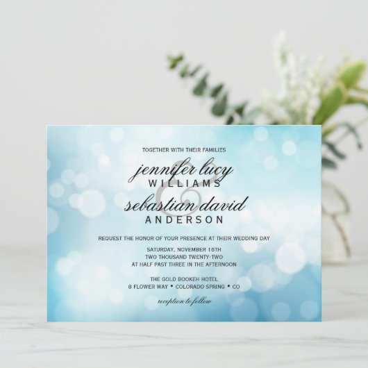 Luxury Blue Bokeh Light Chic Wedding Kaart (Staand voorkant)
