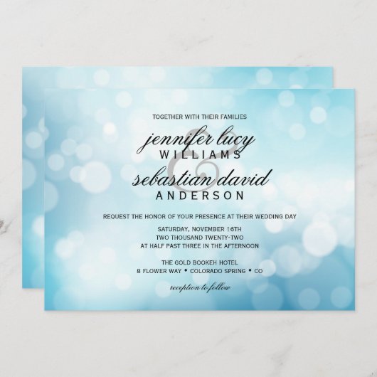 Luxury Blue Bokeh Light Chic Wedding Kaart (Voorkant / Achterkant)