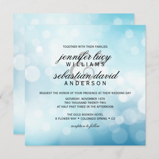 Luxury Blue Bokeh Light Chic Wedding Kaart (Voorkant / Achterkant)