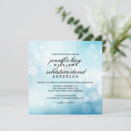Luxury Blue Bokeh Light Chic Wedding Kaart (Staand voorkant)