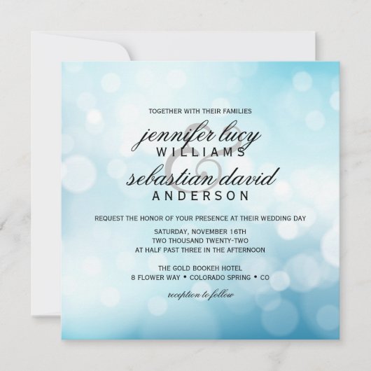 Luxury Blue Bokeh Light Chic Wedding Kaart (Voorkant)