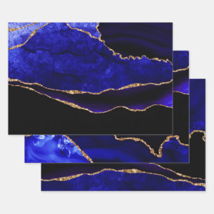 Luxury Blue en Gold Glitter Agate Birthday Inpakpapier Vel