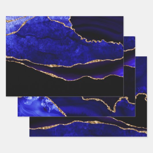 Luxury Blue en Gold Glitter Agate Birthday Inpakpapier Vel (Set)