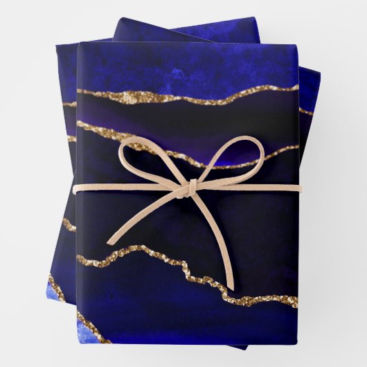 Luxury Blue en Gold Glitter Agate Happy Birthday Inpakpapier Vel (In situ)