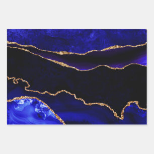 Luxury Blue en Gold Glitter Agate Happy Birthday Inpakpapier Vel